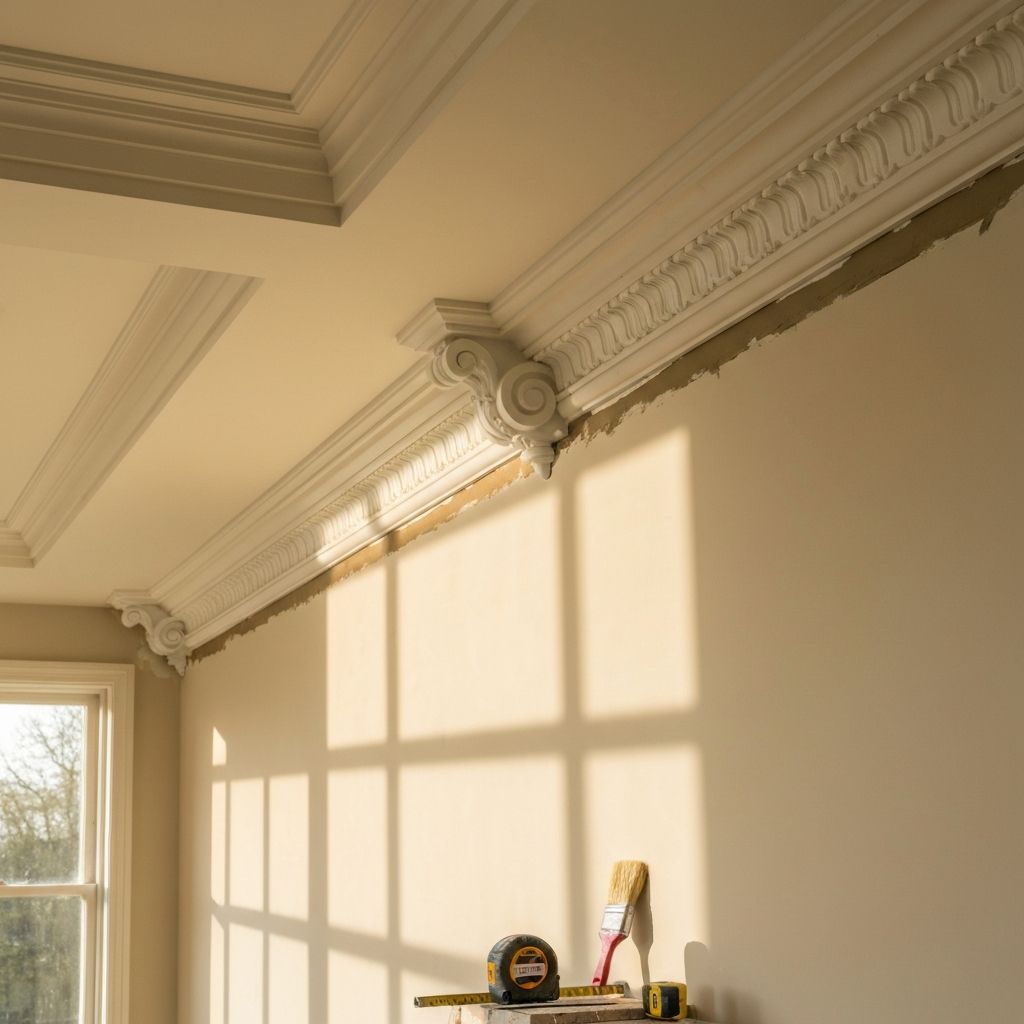 Ornate plaster cornice being installed in period property