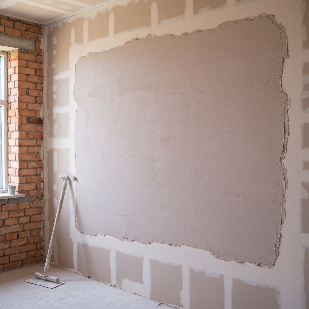 Plasterer applying solid plaster to wall surface